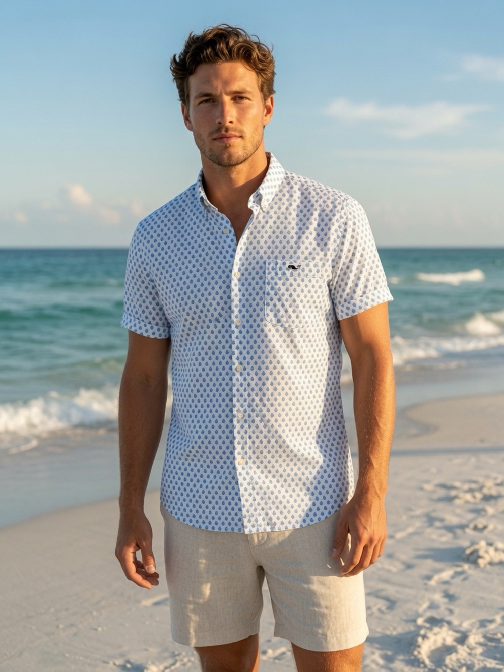 Vineyard Vines White Button-Down with Blue Leaf Print Large